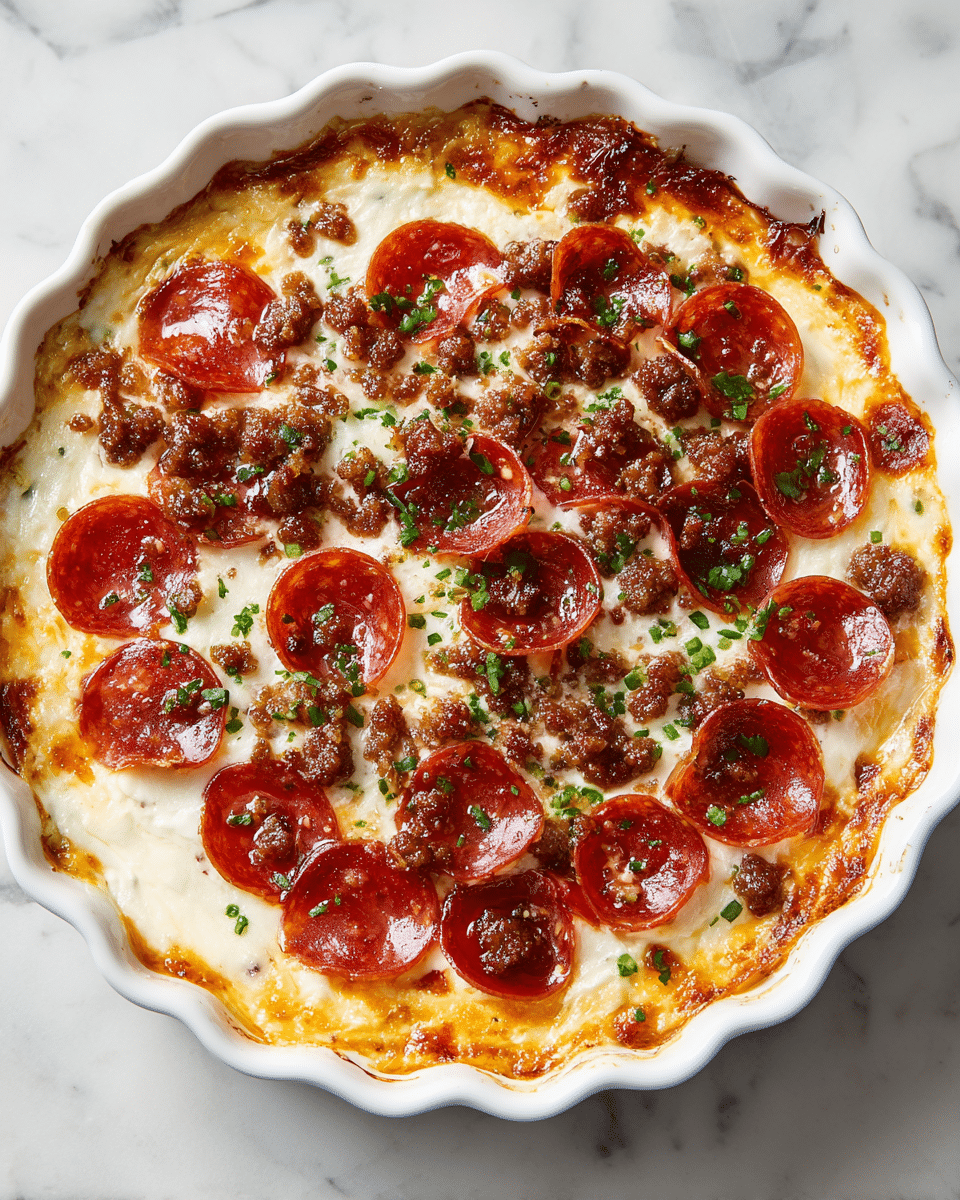 A round dish of baked dip is shown in a white scalloped ceramic bowl, sitting on a white marbled surface. The bottom layer is creamy white cheese with a smooth and slightly bubbly texture. On top, there is a layer of bright red pepperoni slices evenly covering the surface, each with a shiny, oily glaze. Scattered over the pepperoni, crumbled browned sausage pieces add a rough, crumbly texture. The whole dish is sprinkled with finely chopped green herbs and a few small bits of onion, adding a touch of green and white colors. photo taken with an iphone --ar 4:5 --v 7