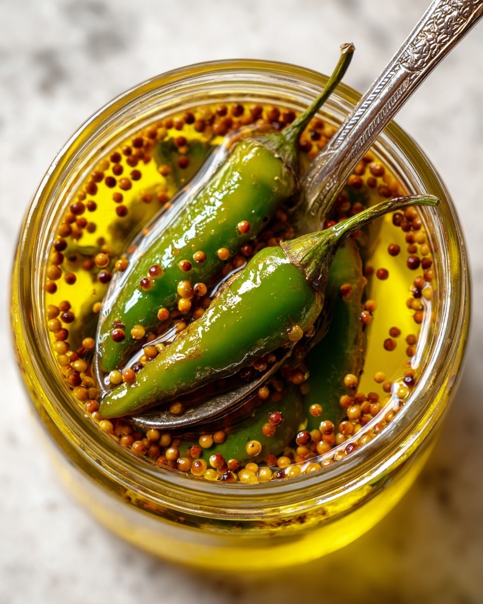 A close-up view inside a glass jar shows a few large green chili pieces soaked in yellow mustard oil filled with floating brown mustard seeds, creating a textured pattern around the chilies. A silver fork with delicate designs rests inside, holding a shiny, broken green chili piece, revealing its soft, moist inside. The jar rim is visible at the top, with the white marbled background softly blurred below. photo taken with an iphone --ar 4:5 --v 7
