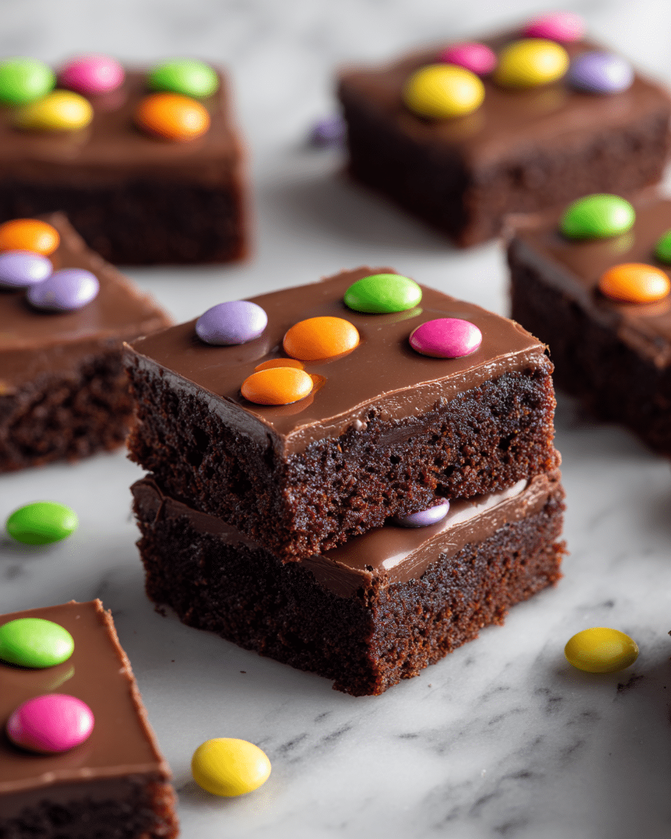 This image shows several square pieces of rich, dark chocolate brownies arranged on a white marbled surface. Each brownie has two clear layers: a moist, dense dark brown cake base topped with a smooth, shiny layer of glossy chocolate frosting. Brightly colored small round candies in colors like green, yellow, purple, pink, orange, and blue are scattered evenly on top of the frosting, adding a playful contrast to the dark chocolate. Two brownie pieces are stacked in the center, giving depth to the arrangement while the rest lay flat around them. Photo taken with an iphone --ar 4:5 --v 7