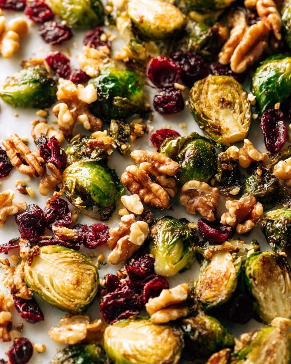A close-up view of a roasted mix spread out on a white marbled surface, featuring about three main layers: the base layer of halved Brussels sprouts that are golden brown and crispy, showing browned edges and a bright green inside; scattered on top are crunchy walnut pieces with their light brown, rough texture; and mixed in are dried cranberries with a deep red, wrinkled look. The colors contrast well with each other and the white marbled background, making the roasted vegetables and nuts stand out vividly. photo taken with an iphone --ar 4:5 --v 7