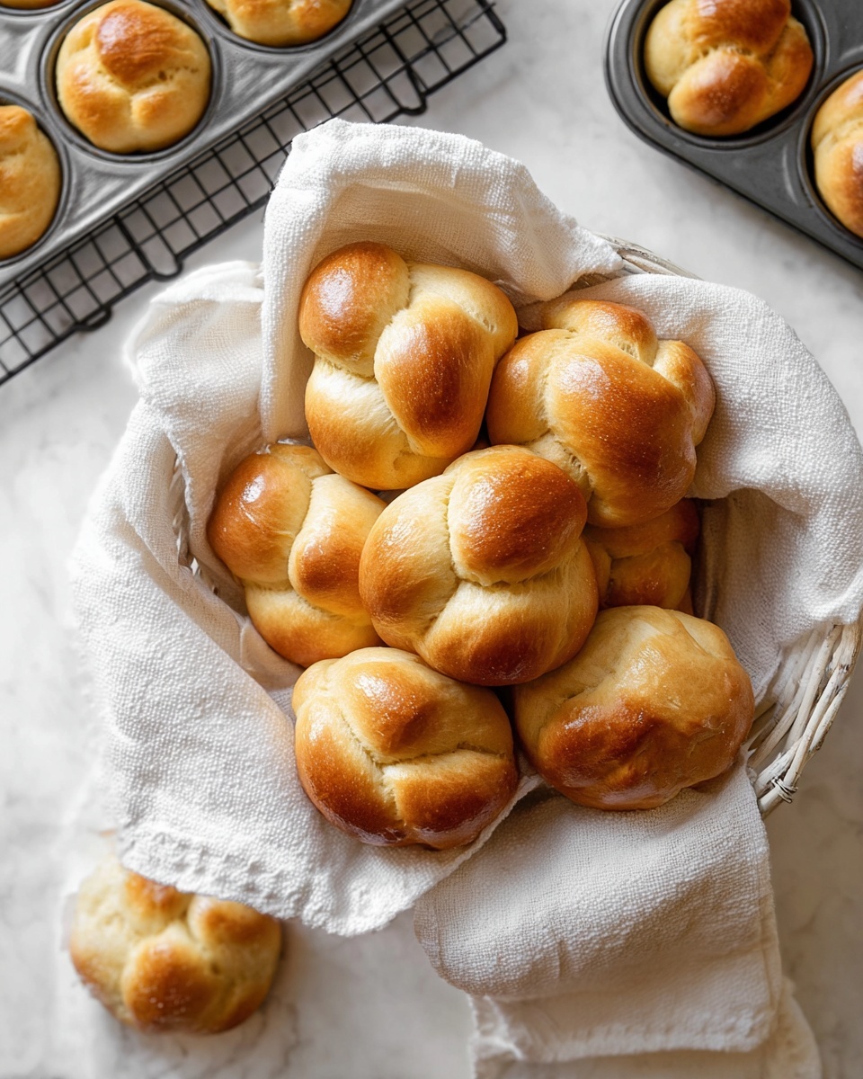 A basket lined with a soft white cloth holds a pile of golden brown rolls, each shaped into a three-lobed knot with a shiny, smooth crust. The rolls have a warm, baked texture with slight variations in color from light to deeper golden hues. Around the basket, there is a white marbled surface with a black cooling rack holding more rolls in the upper left corner and a muffin tin with a roll in the upper right. The scene shows a cozy, fresh-baked feeling. photo taken with an iphone --ar 4:5 --v 7