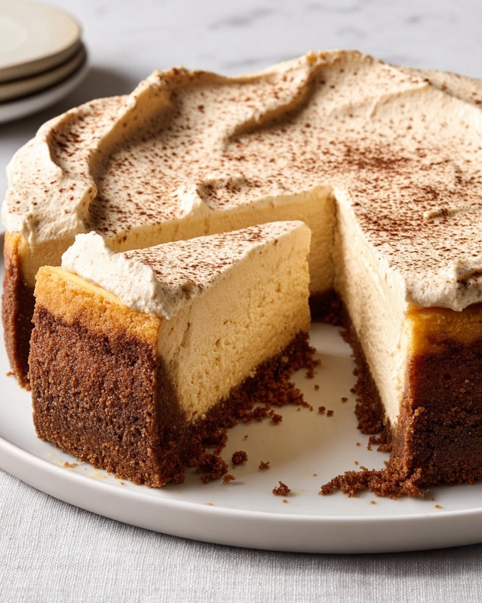 The image shows a round cheesecake with two visible layers on a white plate set on a white marbled texture. The bottom layer is a thick, crumbly, dark brown crust that goes around the whole cheesecake. Above it is a dense, creamy middle layer in a light beige color with a smooth texture. The top layer is thick, light, and fluffy cream with a slightly uneven surface and tiny dark specks mixed in, softly swirled over the middle layer. One slice is cut out and pulled slightly outwards, revealing the inside layers clearly and some crumbs scattered on the plate. Photo taken with an iphone --ar 4:5 --v 7