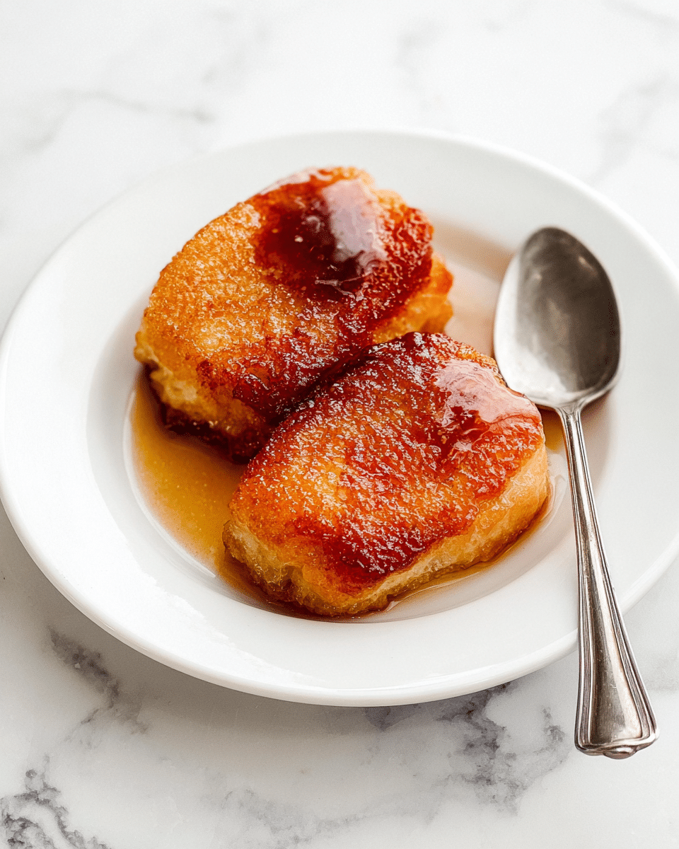 The image shows two pieces of golden-brown fried food placed side by side on a white plate. The top piece has a shiny glaze with a darker caramelized sauce on the center, while the bottom piece has a rich, even crust with a textured surface. Both pieces have a crispy, slightly uneven texture, with some oil pooled beneath them. The plate is set on a white marbled surface, and a shiny silver spoon is placed to the right of the plate. photo taken with an iphone --ar 4:5 --v 7