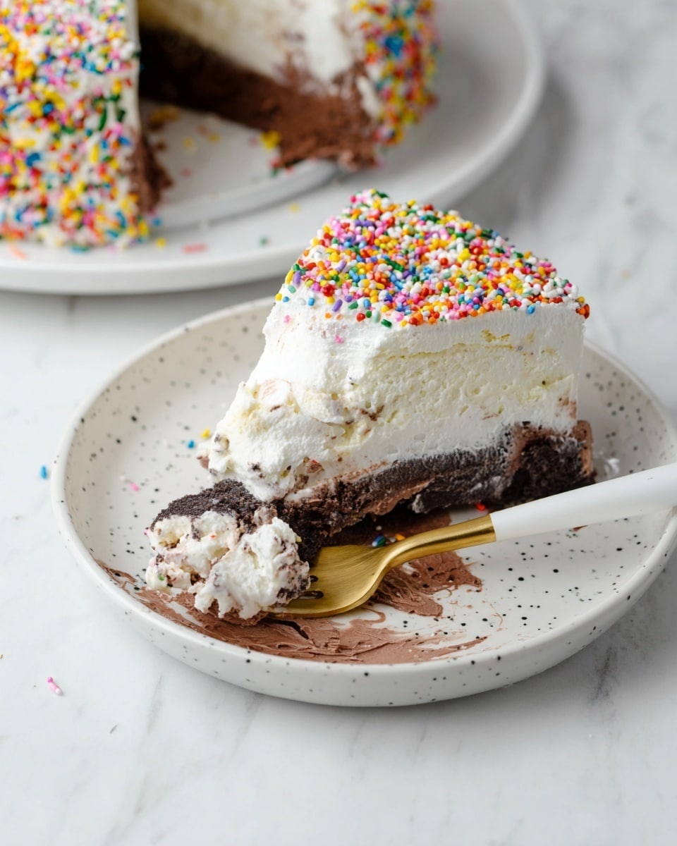 A slice of three-layered ice cream cake sits on a white plate with small black specks, placed on a white marbled surface. The bottom layer is dark chocolate ice cream with a rich, smooth texture, the middle layer is a white vanilla ice cream, and the top layer is a thick, creamy white frosting coated in colorful rainbow sprinkles. A white and gold fork is cutting into the slice, showing some melting cream and sprinkles on the plate. In the background, the remaining cake on a white plate is partially visible. Photo taken with an iphone --ar 4:5 --v 7
