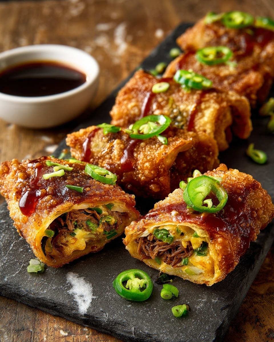 This image shows several golden brown, crispy fried rolls arranged on a dark slate plate atop a wooden surface with a white marbled texture visible nearby. Each roll is filled with layers of shredded meat and chopped green vegetables mixed with creamy cheese, visible clearly in the cut rolls placed on top. The rolls have a bubbly, crunchy outer texture drizzled with a sticky, reddish-brown sauce. Fresh sliced green chili pieces are scattered on top and around the rolls. In the background, a small white bowl filled with dark dipping sauce is partially visible. Photo taken with an iphone --ar 4:5 --v 7