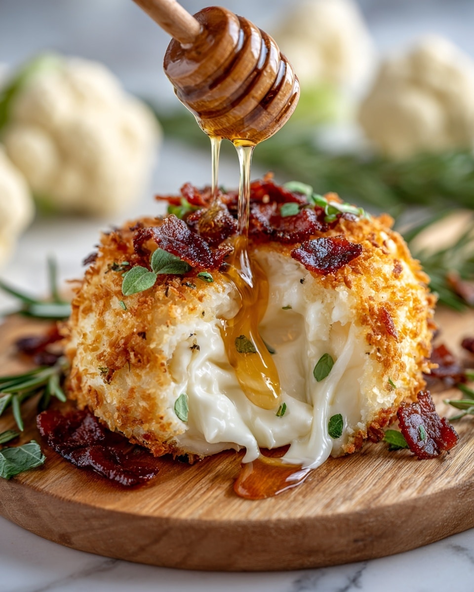 A round, golden-brown fried cheese with a crunchy, crispy outer layer, broken open to reveal soft, melted white cheese inside, sits on a wooden board. On top, dark red crispy bacon bits and small green herb leaves are scattered, adding texture and color contrast. Clear, amber honey is being drizzled from a wooden honey dipper onto the center of the cheese, creating a glossy shine. The background shows blurred green rosemary sprigs and light beige cauliflower. The whole scene rests on a white marbled surface. photo taken with an iphone --ar 4:5 --v 7