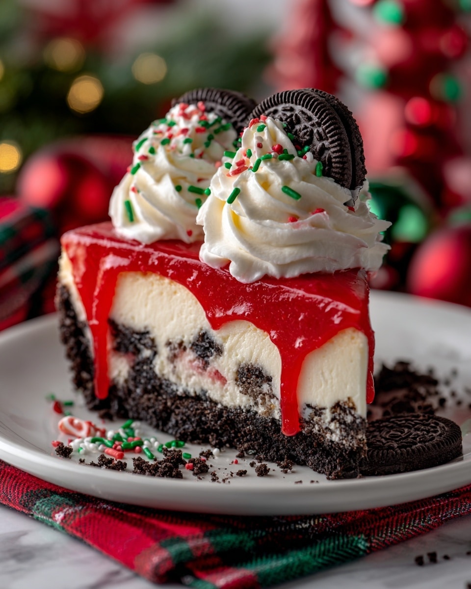A slice of cheesecake with three visible layers sits on a white speckled plate with a white marbled surface beneath. The bottom layer is a dark chocolate cookie crust with a crumbly texture. The middle layer is creamy light yellow with bits of green and dark chocolate pieces mixed in. The top layer is bright red, smooth, and thick. On top of the slice, there are three dollops of white whipped cream, each sprinkled with small green and red round and rod-shaped sprinkles. Two halves of a dark chocolate sandwich cookie with white cream filling are placed on the whipped cream in the center. Photo taken with an iphone --ar 4:5 --v 7
