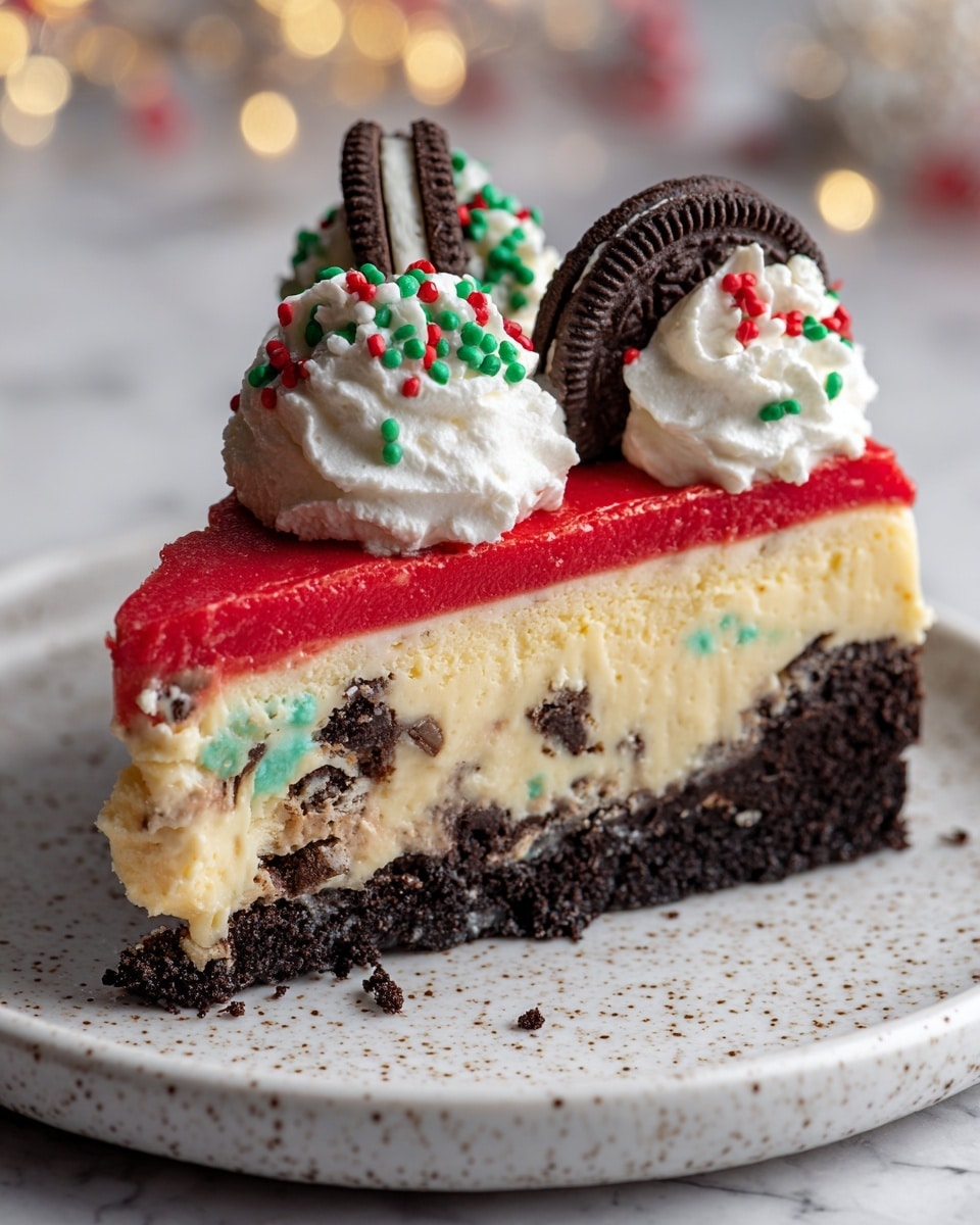 A slice of layered cheesecake sits on a white plate over a red and green plaid cloth; the bottom layer is a thick, crumbly dark chocolate crust, followed by a creamy white cheesecake with dark cookie bits mixed inside, topped with a bright red glossy layer that drips slightly down the sides. On top, there are two large swirls of white whipped cream decorated with small green and red sprinkles and small black cookie pieces, with an additional whole mini black cookie pressed into the whipped cream. Around the plate, there are colorful sprinkles and cookie crumbs scattered, with a whole mini cookie resting beside the slice. The background features blurred red and green holiday decorations and a white marbled surface. photo taken with an iphone --ar 4:5 --v 7