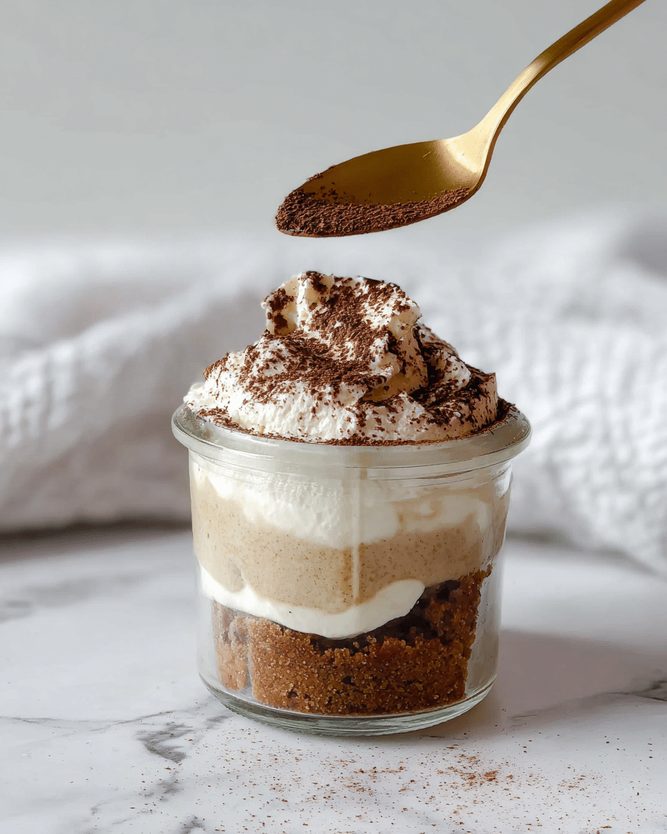A small clear glass jar with three visible layers of dessert is placed on a white marbled surface. The bottom layer is crumbly and brown, resembling crushed cookies or cake. The middle layer is a smooth, light beige cream filling, slightly running down the side of the jar. The top layer is fluffy white whipped cream, generously dusted with dark brown cocoa powder. Above the jar, a gold spoon is held, ready to scoop into the dessert. The background is soft white fabric with a subtle textured pattern. Photo taken with an iphone --ar 4:5 --v 7