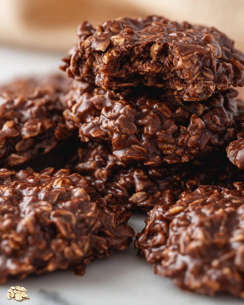 A close-up image shows a pile of chocolate no-bake cookies with a rough, bumpy texture made from oats and chocolate coating. The cookies are unevenly shaped and dark brown in color, with bits of oats clearly visible all over their surface. The top cookie has a bite taken out, revealing a crumbly, dense inside that looks moist and oat-filled. The soft, shiny chocolate coating gives each cookie a slightly glossy finish. The cookies are set on a white marbled surface with a blurred background, creating a warm, inviting feel. photo taken with an iphone --ar 4:5 --v 7