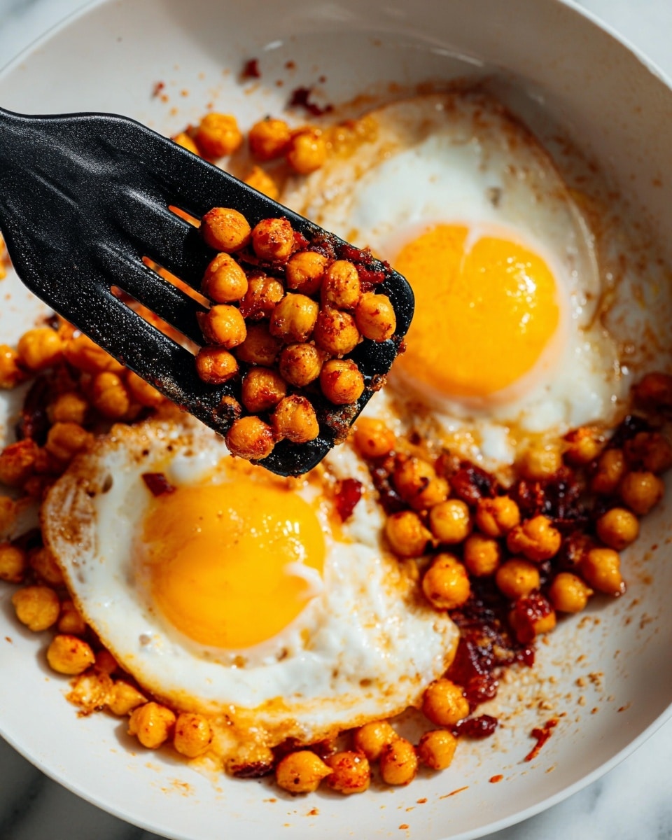 The image shows two fried eggs cooked within a layer of browned chickpeas and small pieces of red seasoning, all sitting on a white bowl. Each egg has a bright yellow yolk in the center surrounded by white, and the chickpeas form a rough, golden-brown ring around the yolks. A black spatula is lifting one egg with the chickpeas sticking to its edges, showing a slightly crispy texture on the chickpeas and some oil glistening on the white bowl’s surface. The white bowl is set on a white marbled texture background. photo taken with an iphone --ar 4:5 --v 7