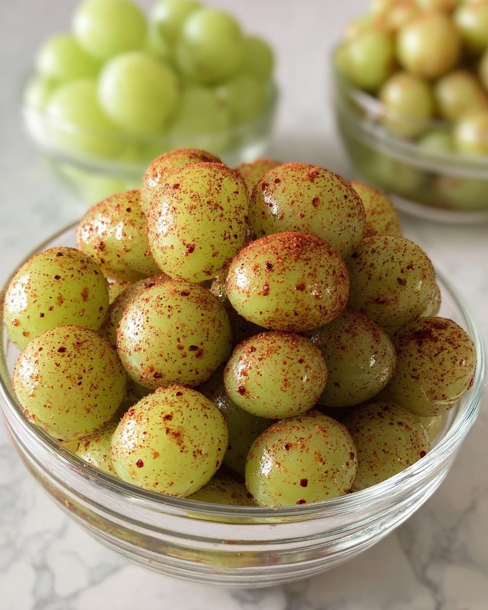 A clear glass bowl filled with two layers of green grapes coated evenly in fine red chili powder, creating a speckled texture of red on the smooth green grape skins. The grapes are glossy, showing moisture or a light glaze, piled high in the bowl, which sits on a white marbled surface. In the blurred background, there is a second clear glass bowl also filled with green grapes. Photo taken with an iphone --ar 4:5 --v 7
