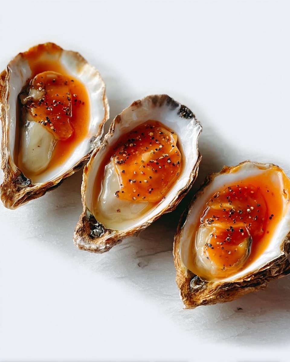 Three oysters are shown open on a white marbled surface, each oyster shell rough and beige on the outside with smooth, creamy white inside. Inside each shell is a cooked oyster covered with a bright orange topping that looks soft and slightly chunky. The oysters sit in a shiny brown sauce that pools gently around them, with some black pepper sprinkled on top, adding texture and color contrast. The photo is clear and bright, capturing the moist, glossy look of the oysters and their toppings. Photo taken with an iphone --ar 4:5 --v 7