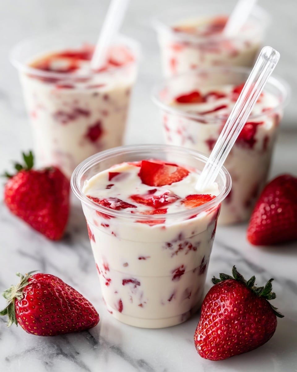 There are clear plastic cups filled with a creamy white yogurt mixed with red strawberry pieces inside. The yogurt has scattered red strawberry chunks throughout, and on top of each cup, there is a red strawberry slice. A clear plastic spoon rests inside each cup. The cups sit on a white marbled surface, with fresh whole strawberries placed beside them for decoration. Photo taken with an iphone --ar 4:5 --v 7