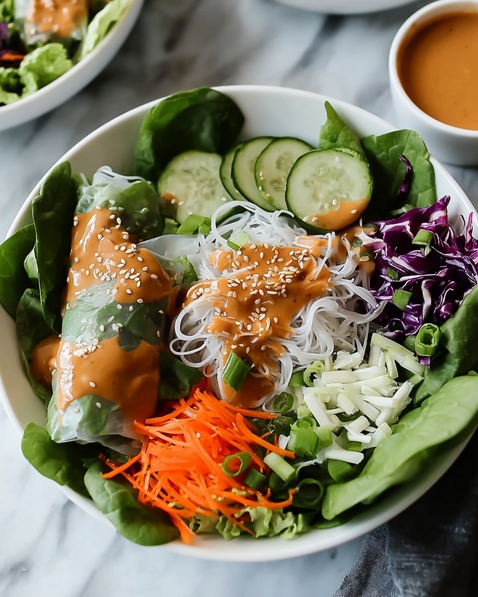 A white bowl filled with fresh green leafy lettuce at the base, topped with thin white rice noodles forming a light layer in the center. On top and around the noodles are thin cucumber slices with dark green skin, white shredded pieces of cabbage, and chopped green onions adding a vibrant green color. To one side, there is a small pile of bright orange shredded carrots. The dish is drizzled with a thick, orange-brown peanut sauce, sprinkled with white sesame seeds. A translucent rice paper roll filled with greens and purple cabbage rests on one side, also covered lightly with peanut sauce. The bowl sits on a white marbled surface with a blurred background, including a small white bowl of more peanut sauce. photo taken with an iphone --ar 4:5 --v 7