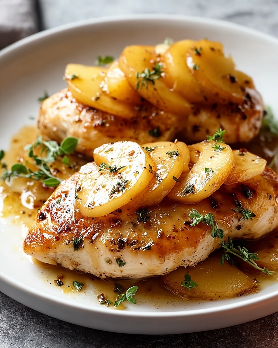 Two pieces of cooked chicken breast sit on a white plate, each topped with several slices of golden-brown caramelized apple. The chicken has a light golden crust with visible pepper and herbs sprinkled on top. Around and under the chicken, there is a shiny glaze or sauce that pools slightly on the plate. Small green herb leaves are scattered over the dish, adding a touch of color. The plate is shown against a soft white marbled texture background. Photo taken with an iphone --ar 4:5 --v 7