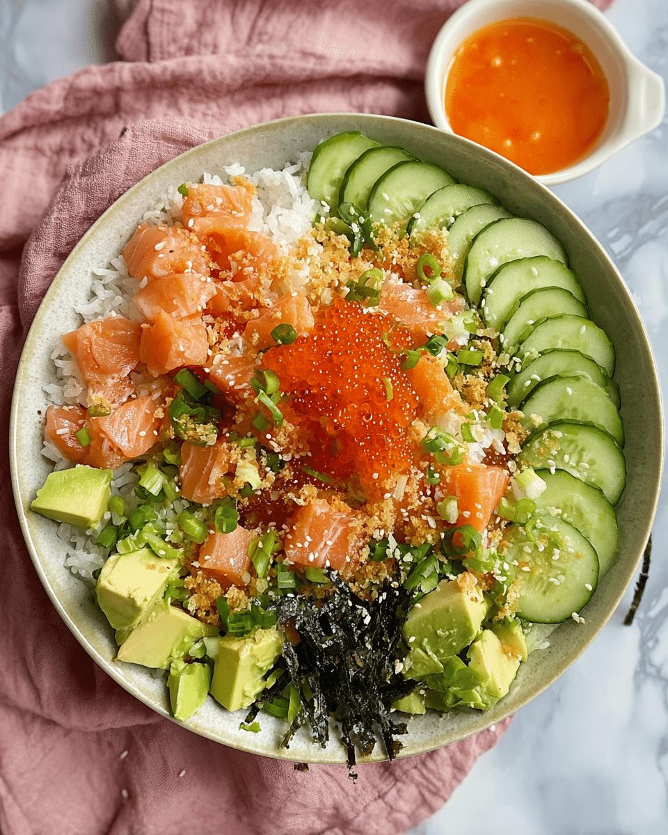 A white bowl filled with a layered salmon poke bowl is shown on a white marbled surface. The base layer consists of white rice topped with bright green lettuce and sliced cucumber pieces with a fresh, smooth texture. On top of that are thick, glossy salmon chunks scattered with small bright orange fish roe. Around the salmon are sprinkled green onion slices and chopped cilantro leaves, adding a fresh green touch. In the center, there is a round ball covered with white and black sesame seeds. Crushed crunchy bits in light golden color are scattered over the dish, adding texture. The whole bowl presents a fresh and vibrant mix of textures and colors. Photo taken with an iphone --ar 4:5 --v 7