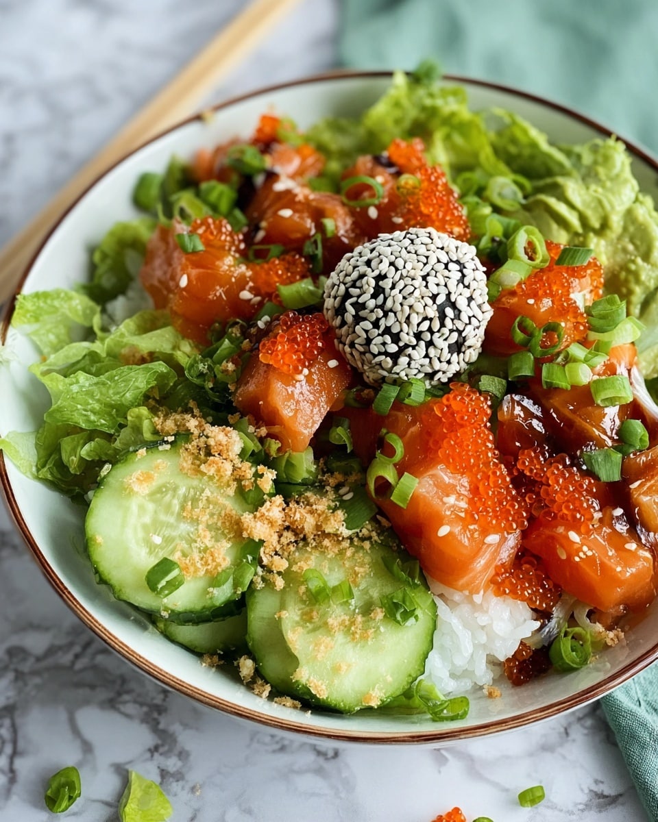 A bowl with a base layer of white rice topped with small cubes of fresh pink-orange salmon and chunks of light green avocado scattered around. On one side, thin slices of dark green cucumber form a neat row along the bowl’s edge. There are dark strips of seaweed mixed in with the rice. Small bright orange fish eggs are placed in the center, adding a shiny texture. A sprinkle of green chopped scallions and white sesame seeds spread across the top. Crispy golden-brown bits are also scattered, adding texture. A small white cup filled with bright orange sauce is placed inside the bowl at the top right. The bowl rests on a soft pink fabric, on a white marbled textured surface. Photo taken with an iphone --ar 4:5 --v 7
