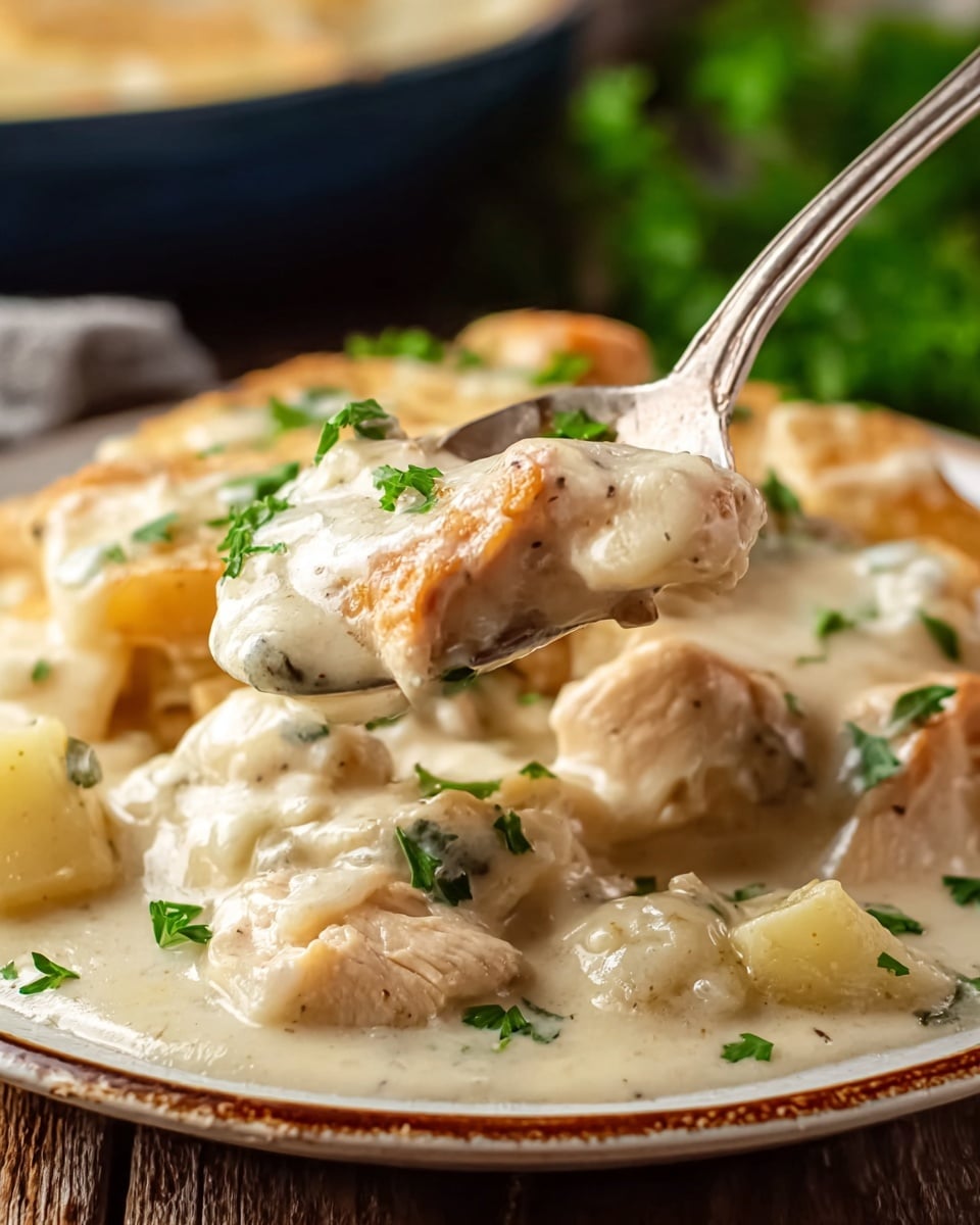 A close-up view of a creamy dish served on a white plate with a rustic brown rim, placed on a wooden surface. The dish has two main layers: the bottom layer shows chunks of light-colored cooked chicken and soft pieces of potatoes, all thickly covered by a smooth, rich white gravy. Small bright green parsley leaves are sprinkled evenly on top of the gravy, adding color contrast. A silver spoon is lifting a scoop of the creamy mixture, revealing the textures of chicken and potatoes under the glossy sauce. The background is blurred but shows more of the same dish. Photo taken with an iphone --ar 4:5 --v 7
