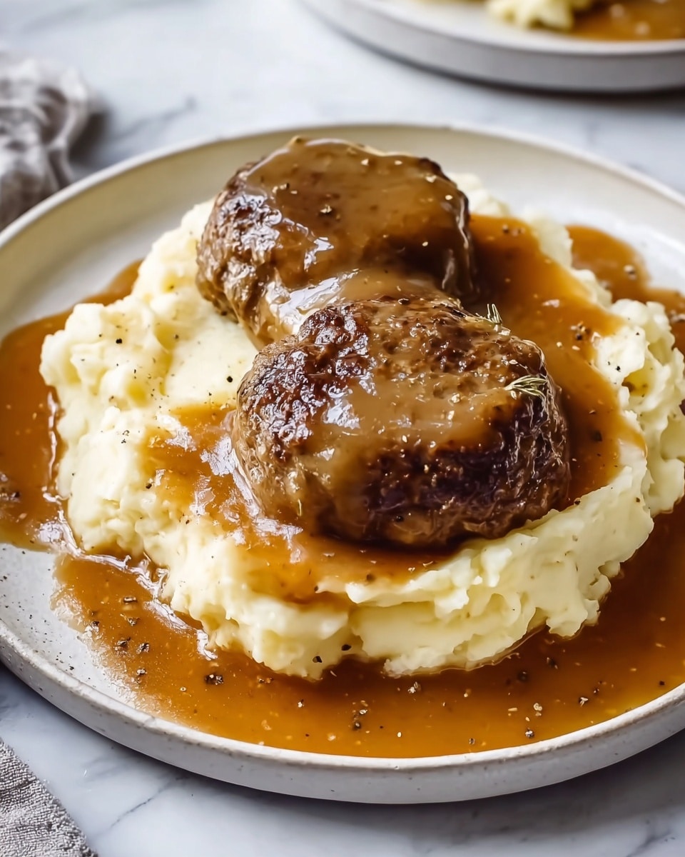 The image shows a plate of food with two main layers. The bottom layer is a bed of creamy mashed potatoes, off-white in color with a smooth but slightly lumpy texture, spread out in a circle on a white plate. On top of the mashed potatoes sits a thick, dark brown Salisbury steak patty with a rough, cooked texture. The steak is covered with a generous amount of shiny brown gravy that drips down the sides and pools around the mashed potatoes. A small green rosemary sprig rests on top of the steak, adding a touch of color. A silver fork is placed on the left side of the plate, partially resting in the gravy. The plate is set on a surface with a white marbled texture. photo taken with an iphone --ar 4:5 --v 7