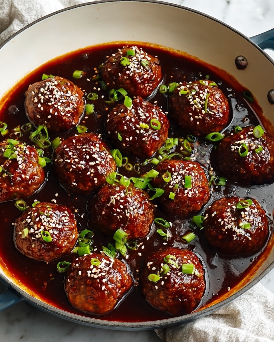 A round white pan holds twelve glossy meatballs covered in a thick, dark reddish-brown sauce. Each meatball is evenly coated, showing a slightly textured, cooked brown surface under the sauce. Scattered over the top are tiny white sesame seeds and bright green chopped scallions adding fresh contrast. The meatballs sit in a shallow pool of rich sauce inside the pan, placed on a white marbled surface with part of a white cloth visible nearby. photo taken with an iphone --ar 4:5 --v 7