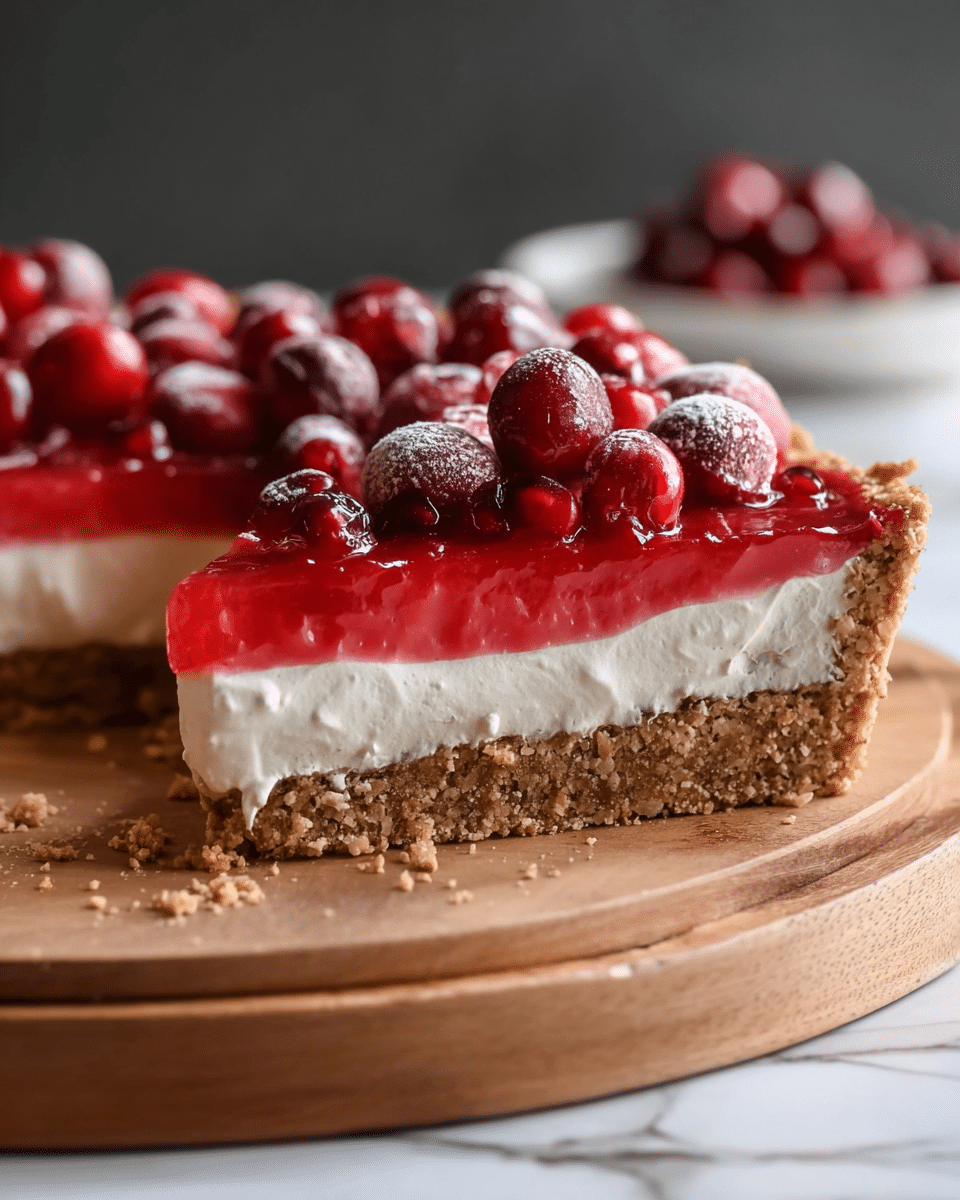 A close-up view of a tart with three visible layers: the bottom layer is a thick, crumbly light brown crust with a rough texture, the middle layer is a smooth, glossy bright red filling, and the top layer is a fluffy, light beige whipped cream with small specks in it. The whipped cream is topped with fresh, shiny red cranberries and bright red pomegranate seeds. The tart is placed on a round wooden board with some crumbs around it, set against a white marbled surface with a blurred dark background. Photo taken with an iphone --ar 4:5 --v 7