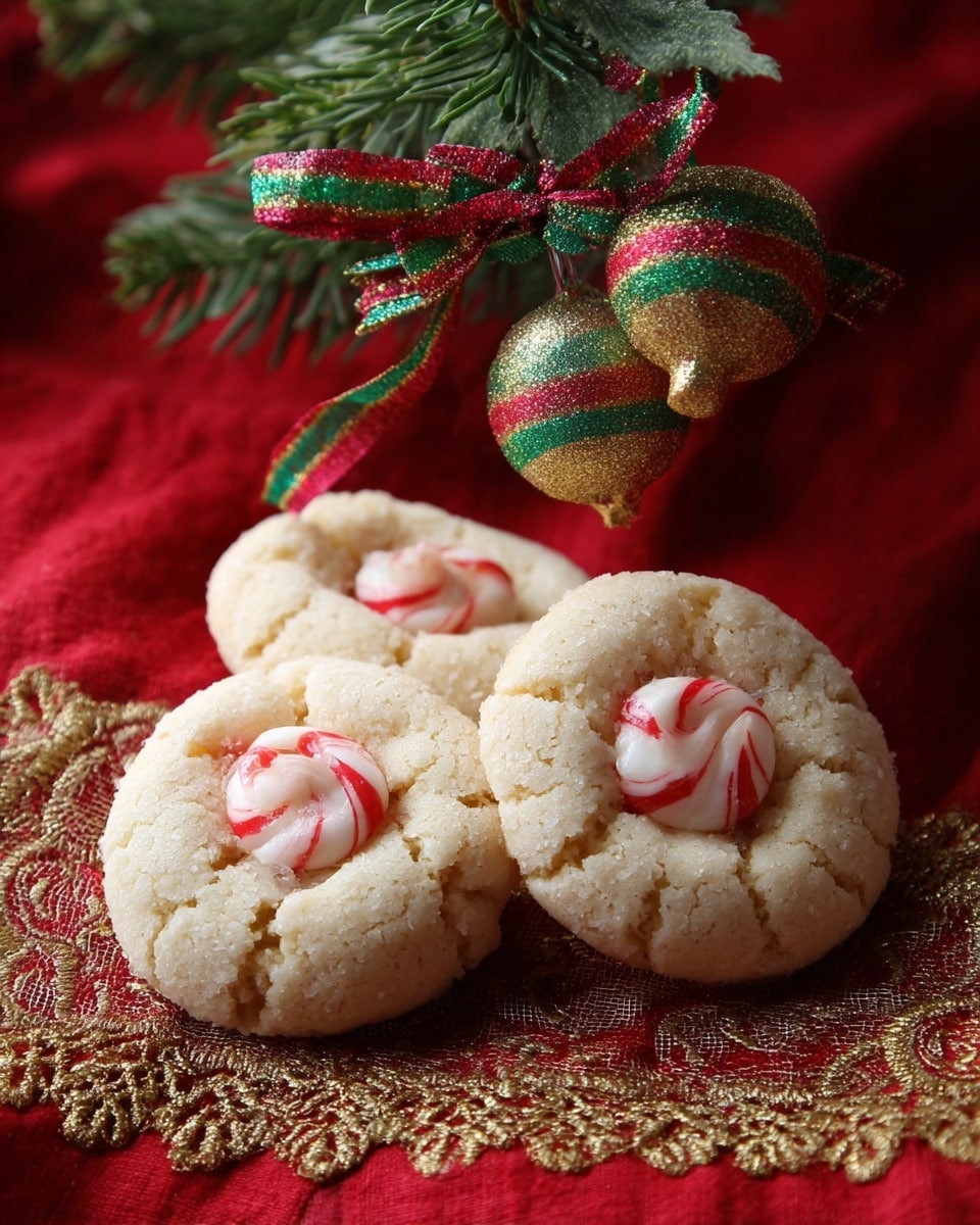 Three round beige cookies with a soft, crumbly texture sit closely together on a red cloth with gold lace trim at the bottom. Each cookie has a small, white and red striped candy in the center, shaped like a smooth swirl with pointed tip. Above the cookies, a green pine branch with two gold jingle bells tied with red, green, and gold striped ribbons hangs down. The background is red cloth with a soft, velvety look. Photo taken with an iphone --ar 4:5 --v 7