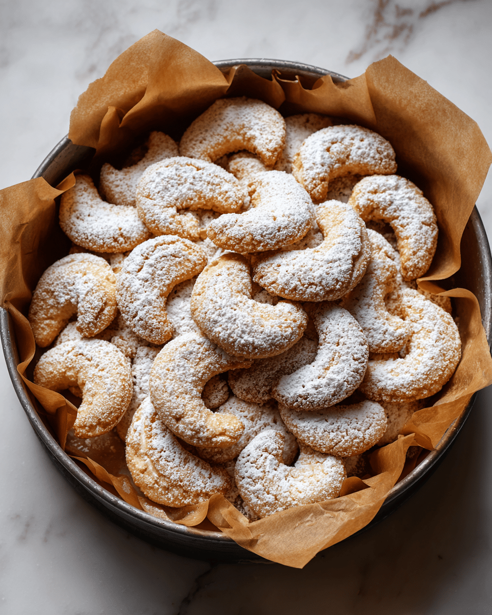 A round baking pan lined with brown parchment paper holds a pile of crescent-shaped cookies dusted thickly with white powdered sugar. The cookies are light golden brown and have a soft, crumbly texture, stacked neatly on top of each other in the center of the pan, which sits on a white marbled surface. photo taken with an iphone --ar 4:5 --v 7