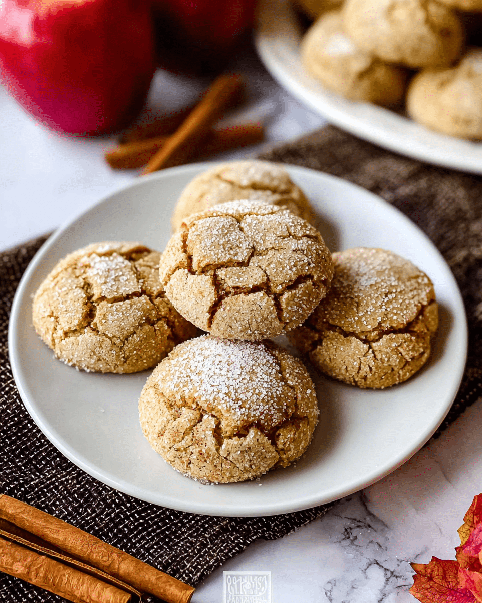 A white plate holds five round, cracked cookies with a light brown color, each sprinkled with a small amount of white powdered sugar. The cookies have a soft, textured surface that looks slightly cracked and crumbly. The plate is placed on a white marbled surface with a dark woven cloth underneath. Around the plate, there are two red apples and a few cinnamon sticks, with a blurred white plate carrying more cookies in the background. The photo taken with an iphone --ar 4:5 --v 7
