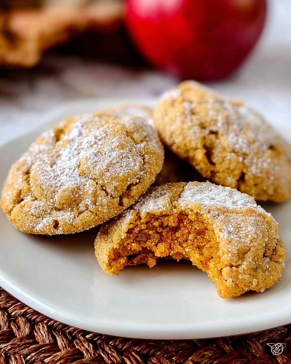 A white plate holds four round, golden brown cookies with a slightly cracked surface dusted with white powdered sugar. One cookie in the front has a bite taken out of it, showing a soft, crumbly inside with a warm orange-brown color. The plate sits on a textured brown woven mat, and a red apple is partially visible in the background on the white marbled surface. photo taken with an iphone --ar 4:5 --v 7