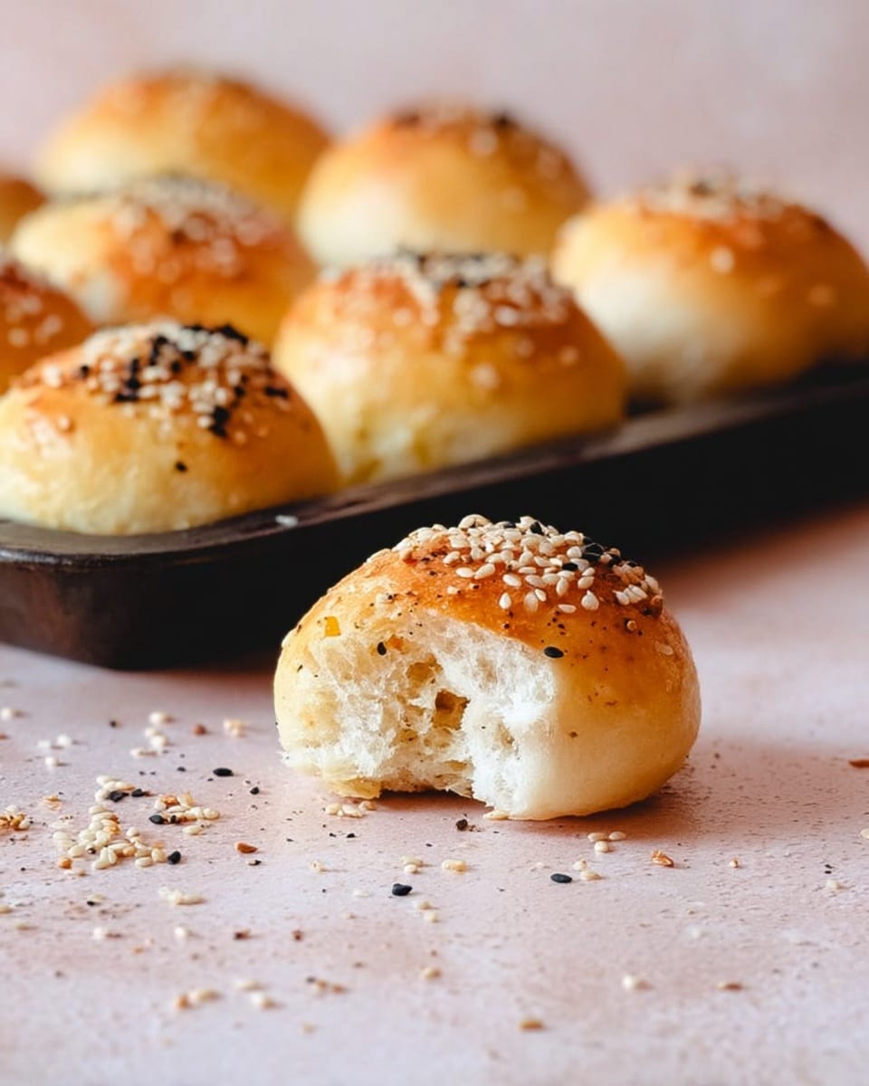 The image shows small golden brown bread rolls topped with a mix of white sesame seeds, black sesame seeds, and coarse salt. One roll is in the front, with a bite taken out, revealing soft, white, fluffy inside. Behind it, there are more whole rolls on a dark baking tray blurred in the background. The rolls sit on a light pinkish-white surface with scattered seeds around. The lighting is soft, highlighting the texture of the bread and toppings. Photo taken with an iphone --ar 4:5 --v 7