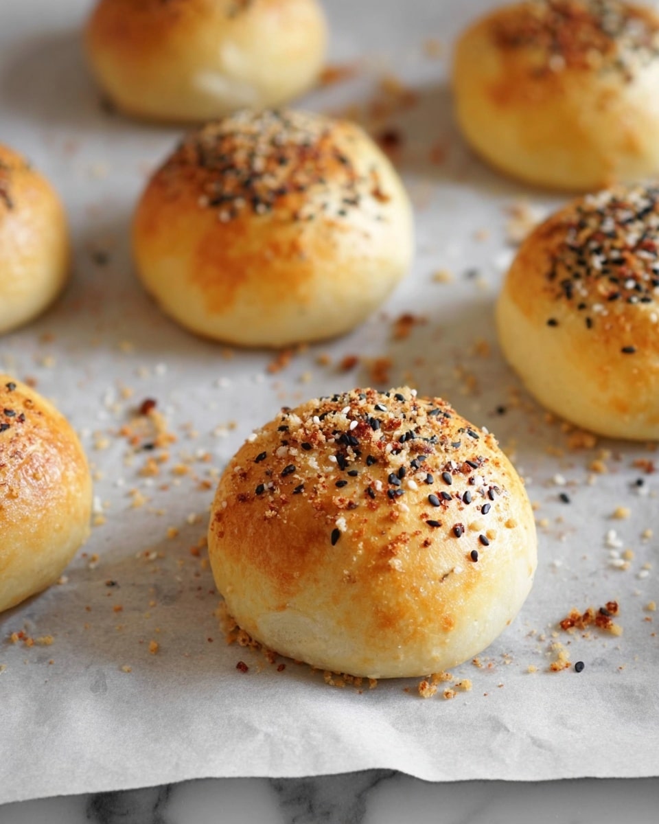 The image shows several small round bread rolls resting on white parchment paper over a white marbled surface. Each roll is golden brown with a smooth, slightly shiny crust. The top of each roll is sprinkled generously with a mix of seeds and seasonings, including black sesame seeds, white sesame seeds, coarse salt, and small brown crumb-like bits, creating a textured, colorful topping. The rolls are spaced out evenly, with some seasoning scattered on the paper around them. Photo taken with an iphone --ar 4:5 --v 7