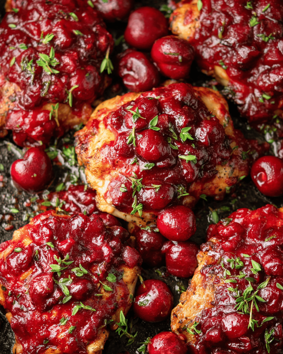 Several pieces of cooked chicken are placed close together on a cooking surface, each topped with a thick layer of bright red sauce made from crushed and whole cherries. The sauce is chunky with visible cherry pieces and is spread unevenly on the golden brown chicken, creating a textured surface. Small green herb leaves are sprinkled over the chicken and sauce, adding fresh color contrast. Around the chicken pieces, whole cherries add a rich red shiny accent. The overall image has a warm and inviting feel with vibrant red and green details against the dark cooking surface. photo taken with an iphone --ar 4:5 --v 7
