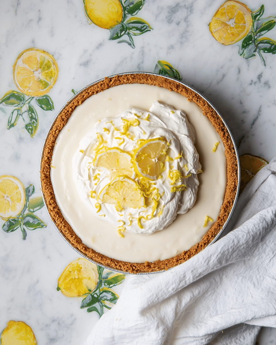 A lemon cream pie is shown from above on a white marbled surface with lemon and green leaf patterns. The pie has three visible layers: a golden brown crumb crust on the bottom, a smooth and thick white cream layer in the middle, and a dollop of fluffy white whipped cream on top. The whipped cream is decorated with thin lemon slices and small lemon zest shreds, placed mostly in the center. A white cloth is partially wrapped around the pie at the bottom right corner. Photo taken with an iphone --ar 4:5 --v 7