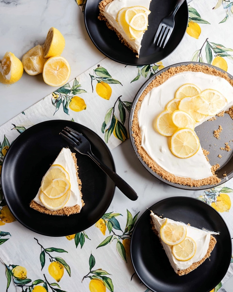 The image shows a lemon cream pie with a golden-brown crumb crust on the bottom and edges. The pie has a thick white creamy layer covering almost the entire surface, topped with thin lemon slices arranged on top. There are two black plates each with a single slice of the pie showing the three visible layers: a crumbly crust, a creamy white filling, and a glossy lemon slice on top. One black plate has a piece of pie cut into two, with a black fork resting on it, partly held by a woman's hand. All items are placed on a white marbled surface decorated with lemon branch designs with green leaves and yellow lemons. Photo taken with an iphone --ar 4:5 --v 7