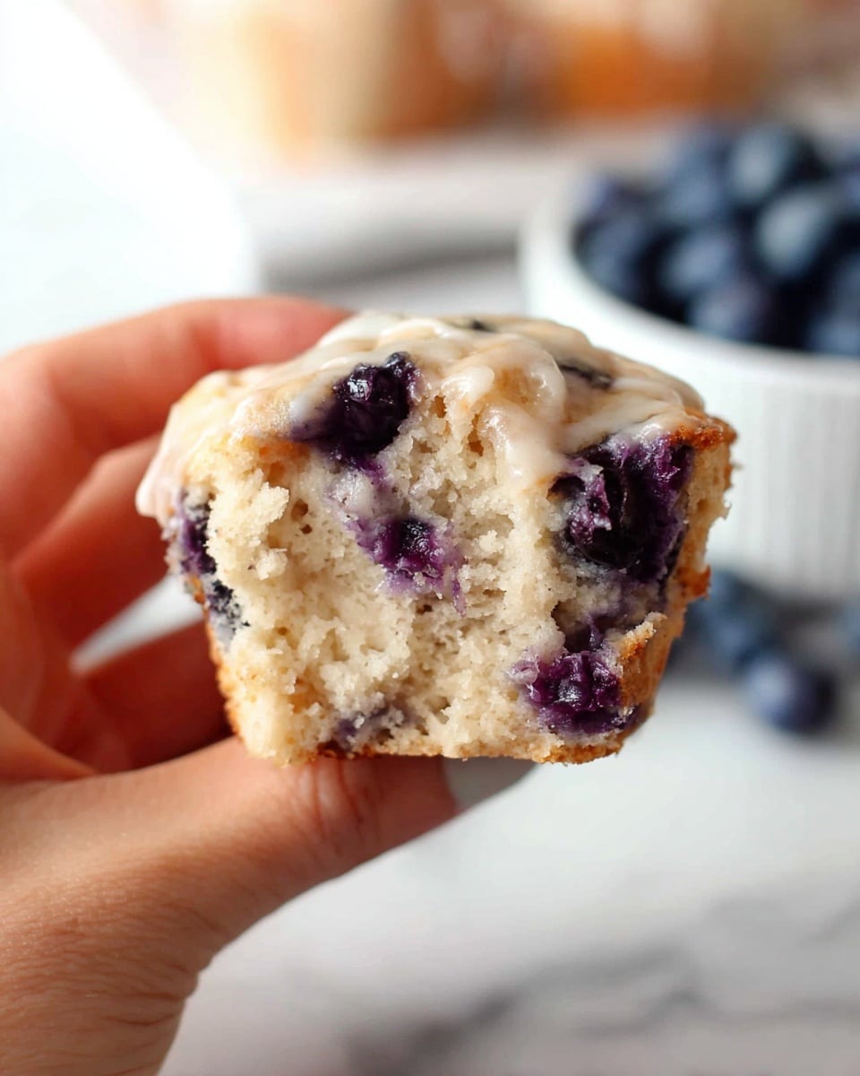 A close-up of a half-eaten blueberry muffin held by a woman's hand, showing a soft, moist beige interior with scattered dark purple blueberry pieces. The muffin's top edge has a light glaze with a slightly shiny texture. In the blurred background, blueberries and a white bowl filled with blueberries are visible on a white marbled surface. photo taken with an iphone --ar 4:5 --v 7