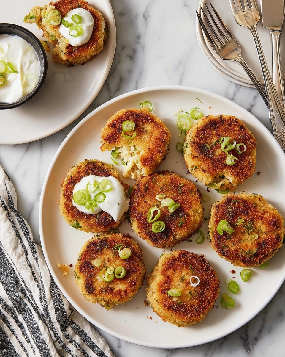 The image shows a white round plate with eight golden-brown crab cakes, each about the same size and shape, arranged in a loose circle. The crab cakes have a crispy, textured breadcrumb crust with small bits of green herbs mixed in, and they are topped with thin slices of bright green scallions scattered over them. Near the top left of the plate sits a small dark bowl filled with smooth white sour cream or dipping sauce. In the background, there is another white plate with two crab cakes, one of which is broken in half, also topped with a dollop of white sour cream and green scallions. The setting is on a white marbled surface with a striped napkin, and there are two stacked white plates with white-handled silver forks on the right side of the image. photo taken with an iphone --ar 4:5 --v 7