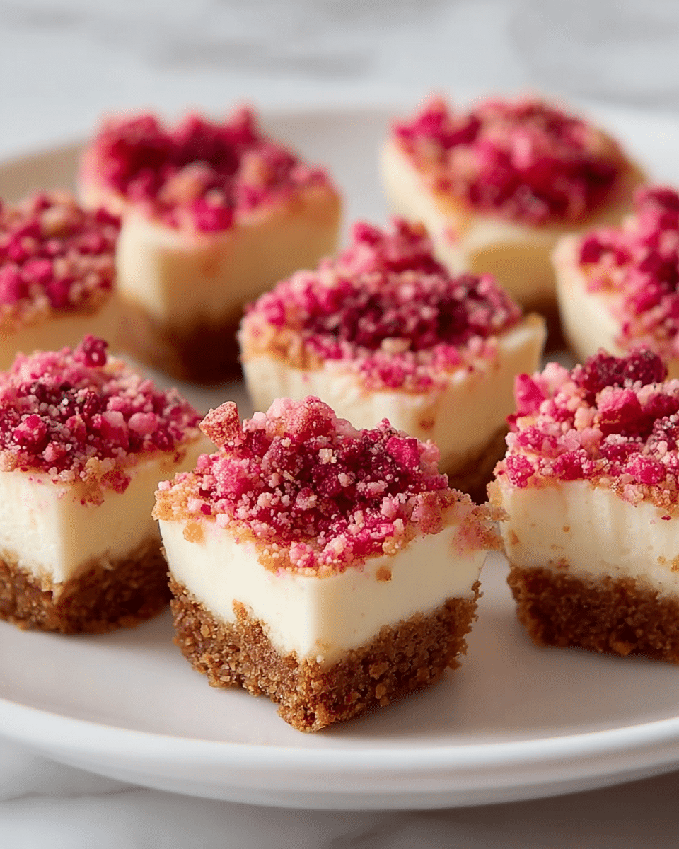 The image shows small cheesecake bites with three distinct layers. The bottom layer is a thick, crumbly brown crust with a rough texture. The middle layer is smooth, creamy, and white, making up most of each cheesecake bite. The top layer is a generous pile of small, coarse pink and light red crumbs, adding a colorful and textured topping. These cheesecake bites are arranged closely together on a white plate, all set on a white marbled surface. Photo taken with an iphone --ar 4:5 --v 7