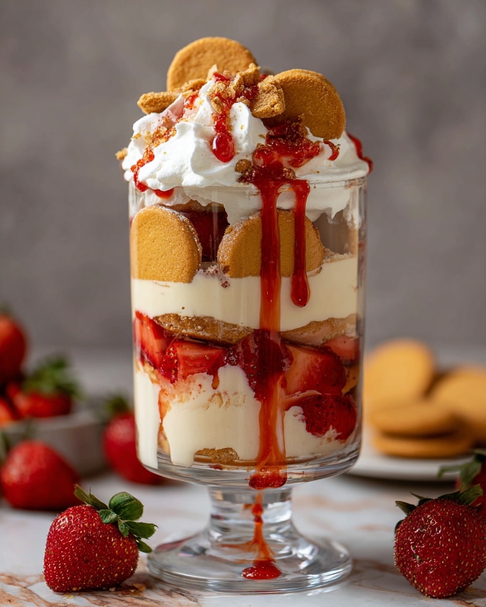 A tall clear glass filled with multiple layers starting from the bottom with golden brown round cookies, followed by a smooth pale yellow cream layer, then a layer of bright red strawberry pieces and syrup, another thick cream layer, more cookies pressed against the glass, and finally topped with dollops of white whipped cream, broken cookie pieces, and chunky red strawberry syrup dripping down the sides. The glass stands on a white marbled surface with fresh strawberries and cookies nearby. photo taken with an iphone --ar 4:5 --v 7