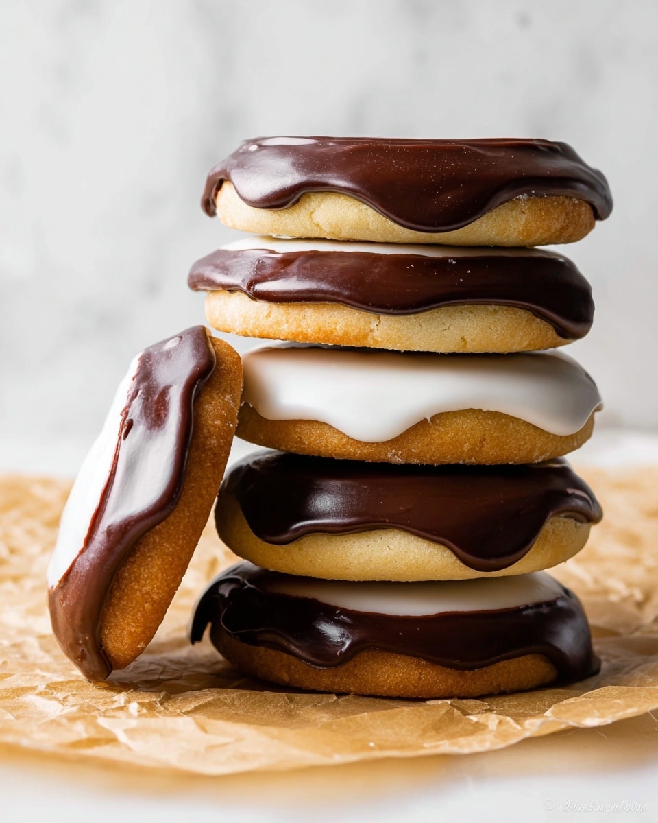 A stack of five round cookies is shown, each with a light golden-brown base layer. The cookies alternate between a glossy dark brown chocolate topping on the first, third, and fifth cookies, and a smooth white icing on the second and fourth cookies. The chocolate topping drips slightly over the edges, forming soft waves. Four cookies lie flat stacked on top of each other, and one cookie leans diagonally against the stack, showing side and top views of the chocolate drip. The setup is on a crinkled parchment paper surface with a white marbled background. photo taken with an iphone --ar 4:5 --v 7