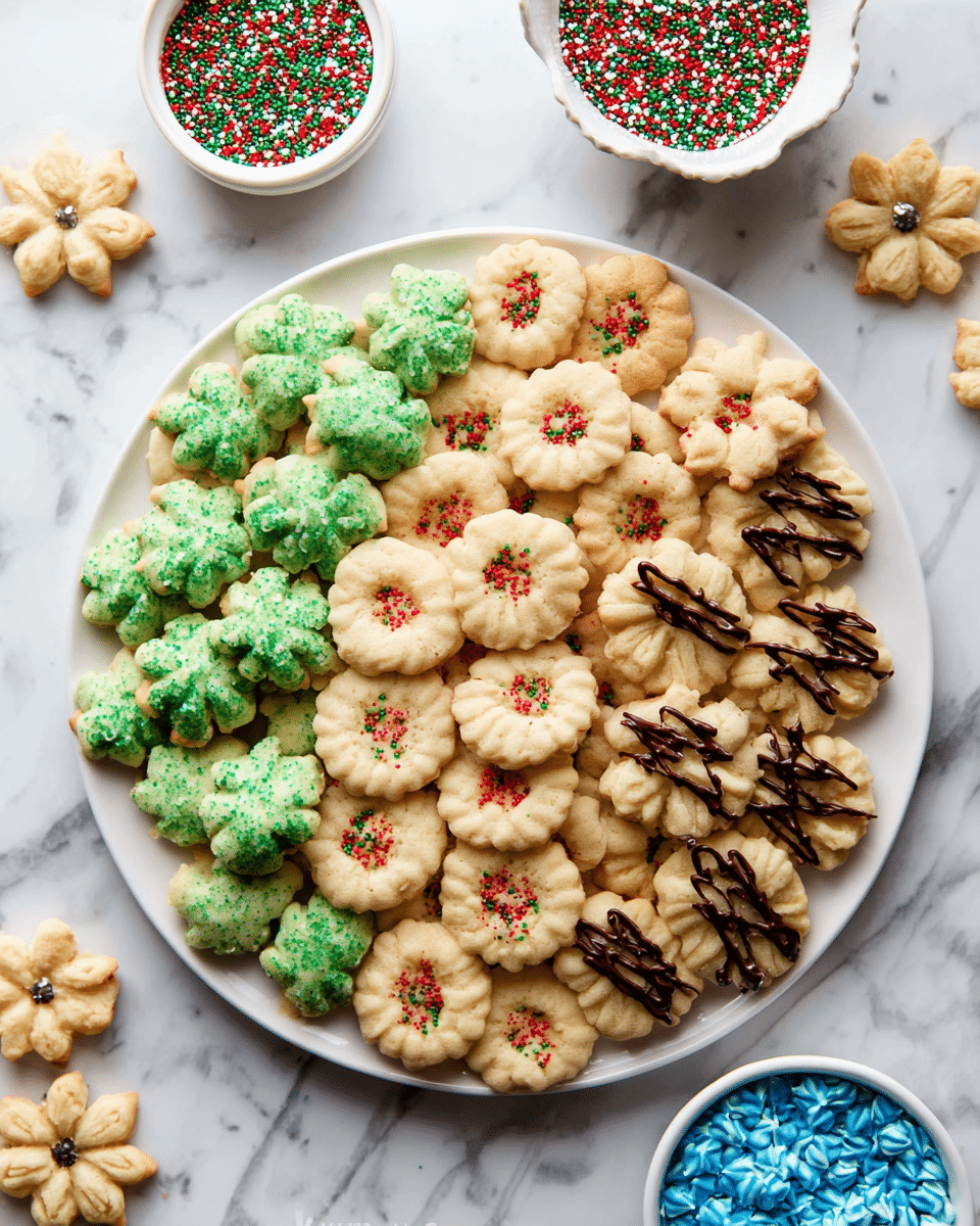A round white plate holds four types of Christmas-shaped cookies arranged in neat rows. The first type is light golden with red and green sprinkles, shaped like pine trees. The second type is light green with small red sprinkles, shaped like round flower rings. The third type is light golden with blue sugar sprinkles in a star shape. The fourth type is light golden with a chocolate drizzle and one chocolate chip in the center, also flower-shaped. Around the plate on a white marbled surface are a few scattered cookies and two small white bowls filled with colorful round sprinkles—one bowl holds red, green, and white sprinkles, and the other holds blue sprinkles. photo taken with an iphone --ar 4:5 --v 7