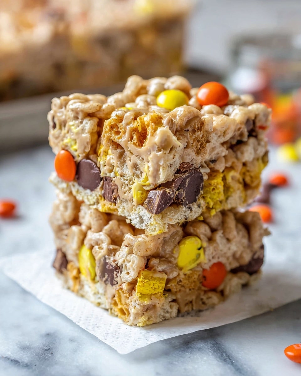 A close-up view of two thick, square pieces of a cereal and candy treat stacked on top of each other on a white marbled surface with a paper napkin beneath them. The treat consists of three visible cereal layers—light yellow puffed pieces on the outside, darker brown crunchy bits mixed in the middle, and clusters of colorful candy-coated chocolates (orange, yellow, and dark brown) embedded throughout. A creamy, light brown binding layer coats and holds the cereal and candy together, showing a smooth and slightly glossy texture, especially in the gaps. Photo taken with an iphone --ar 4:5 --v 7