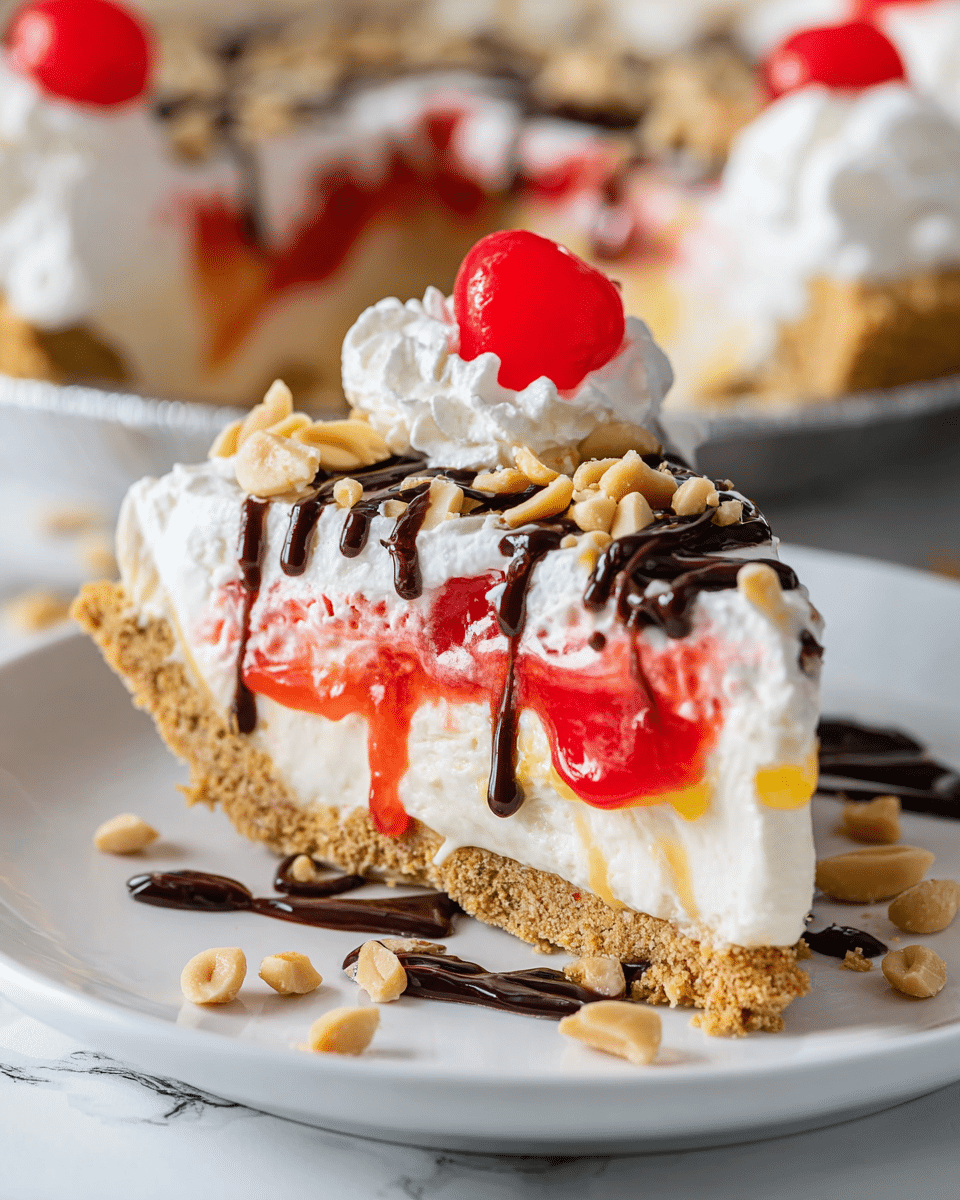 A slice of pie with three visible layers sits on a white plate over a white marbled texture. The bottom layer is a light brown crumbly crust. Above it is a thick, creamy white filling. The top layer is a fluffy white whipped cream with swirls of red strawberry sauce and a drizzle of dark chocolate syrup. Chopped peanuts are scattered on top of the whipped cream and around the pie on the plate. A bright red cherry with a stem sits on the whipped cream. In the background, part of the whole pie is slightly blurred. Photo taken with an iphone --ar 4:5 --v 7