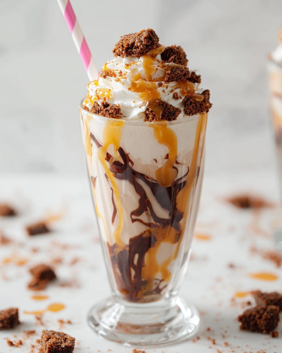 A tall clear glass filled with a layered milkshake showing swirls of dark brown chocolate syrup and golden caramel sauce against a creamy off-white base. The top layer is a generous swirl of white whipped cream, sprinkled with rough chunks of brown brownie pieces. A pink and white striped paper straw is inserted into the milkshake from the left side. The glass sits on a surface with a white marbled texture, with scattered brownie crumbs around it in a softly lit setting. Photo taken with an iphone --ar 4:5 --v 7
