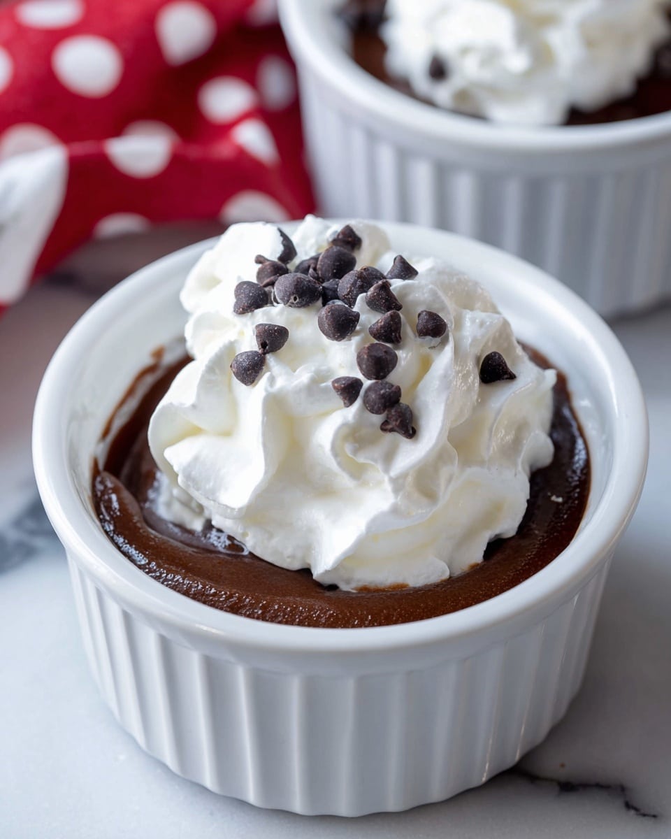 A small white ramekin filled with a thick, dark brown chocolate mousse at the bottom layer, topped with a generous swirl of bright white whipped cream, which has a soft and fluffy texture. Scattered on top of the whipped cream are small, dark chocolate chips adding spots of deep brown color. The ramekin sits on a surface with a white marbled texture. In the blurred background, part of another white ramekin with whipped cream is visible. Photo taken with an iphone --ar 4:5 --v 7