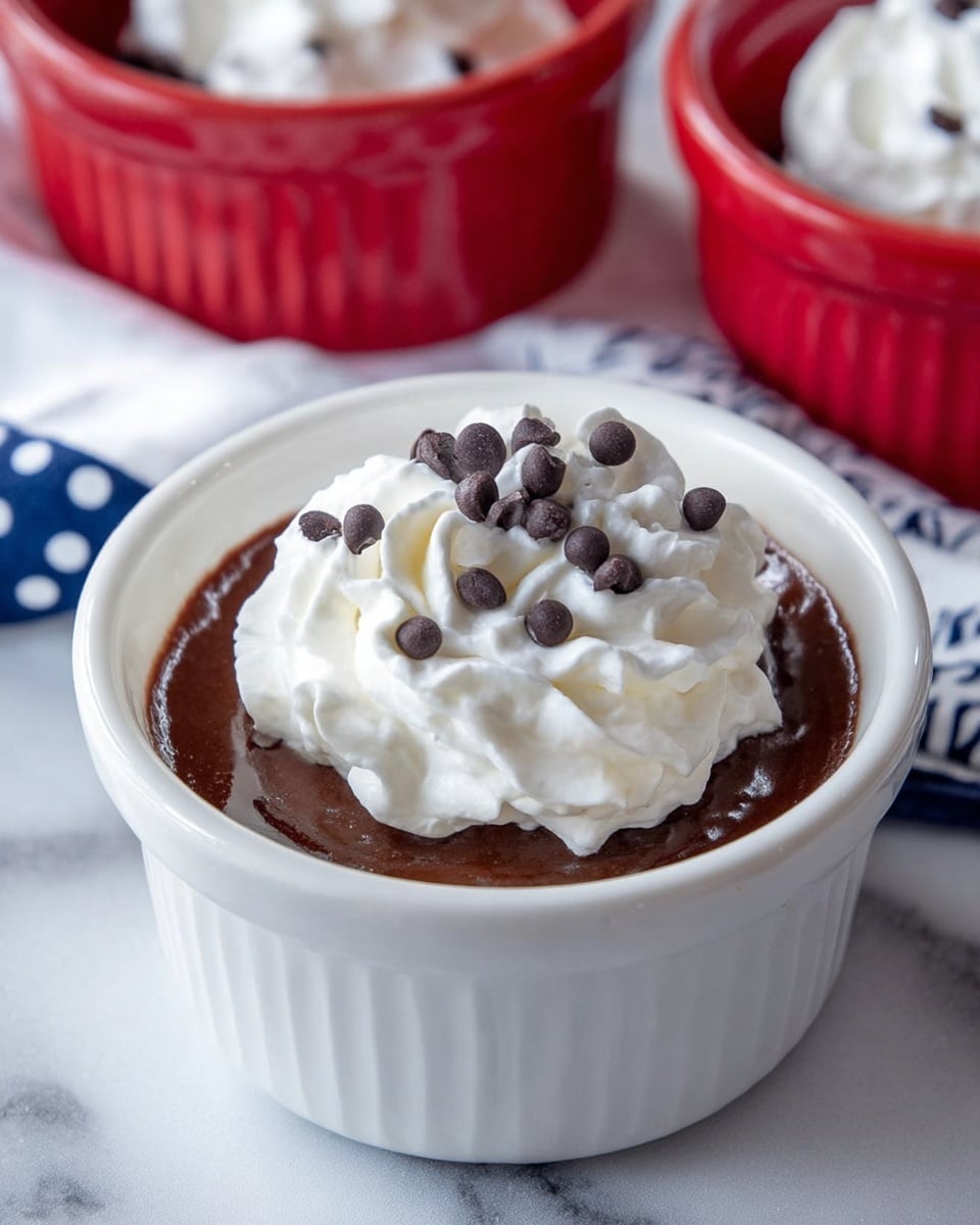A small white ceramic ramekin filled with smooth, dark brown chocolate pudding, topped with a generous swirl of white whipped cream. The whipped cream is decorated with scattered small dark chocolate chips. The ramekin sits on a white marbled surface, with a blurred red ramekin and a white cloth with blue writing in the background. photo taken with an iphone --ar 4:5 --v 7