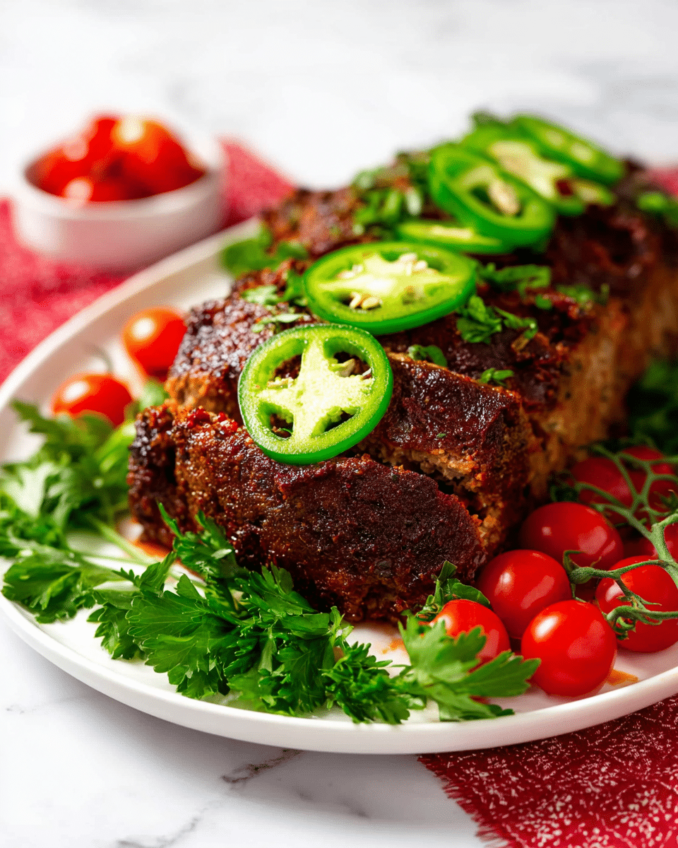 A white plate holds a cooked meatloaf with a dark brown and slightly crispy outer layer, topped with several bright green jalapeño slices showing their seeds. Around the meatloaf, there are fresh green parsley leaves and small bunches of bright red cherry tomatoes still on the vine. The plate sits on a white marbled surface with hints of red patterned cloth beneath one edge. Photo taken with an iphone --ar 4:5 --v 7