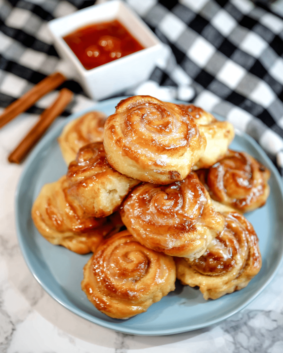 A stack of golden brown cinnamon rolls with a shiny, white glaze drizzled unevenly on top fills a white plate with a blue interior. Each roll shows soft, swirled layers with a slightly crisp, caramelized edge and a glossy, sticky texture. The rolls look fluffy and dense, with hints of cinnamon filling peeking through the swirled dough. In the background, a small white bowl holds a bright orange-red sauce, placed on a black and white checkered cloth on a white marbled surface. Two cinnamon sticks rest casually beside the plate. photo taken with an iphone --ar 4:5 --v 7