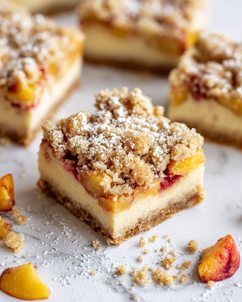 The image shows a close-up of square fruit crumble bars placed on a white marbled surface. Each bar has three visible layers: a thin, firm light brown crust at the bottom, a thick creamy pale yellow filling in the middle, and a crumbly golden-brown topping sprinkled with powdered sugar on top. Small chunks of red and orange fruit pieces, likely peaches or nectarines, are embedded just below the crumbly layer, adding bright pops of color. Scattered fruit pieces and crumbs surround the bars, emphasizing their crumbly texture. photo taken with an iphone --ar 4:5 --v 7