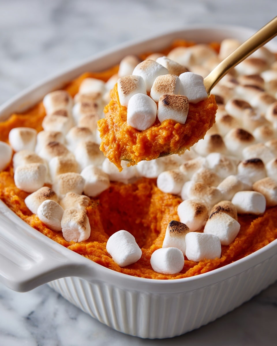 The image shows a white baking dish filled with orange sweet potato mash that is smooth and creamy. The top layer is covered with small, white toasted marshmallows that are slightly browned on top, adding a soft and slightly crispy texture. A golden spoon lifts a scoop from the dish, showing the bright orange mash under the marshmallow layer, with the marshmallows slightly melting into the mash. The dish is placed on a white marbled surface. photo taken with an iphone --ar 4:5 --v 7